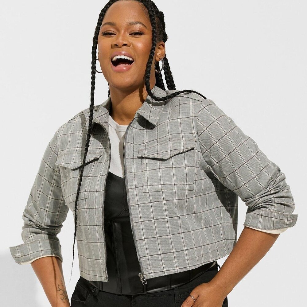 TORRID Grey Plaid Super Soft Denim Zip Front Jacket
